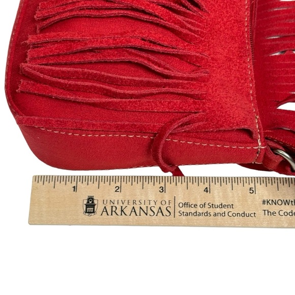NINE WEST Red Fringed Leather Suede Small Size Handbag Measurements Below NEW - Picture 8 of 14